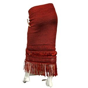 8 by Yoox Funky Fringe Pencil Midi Skirt Rusty Orange Knit Pullon Lined SZ XS